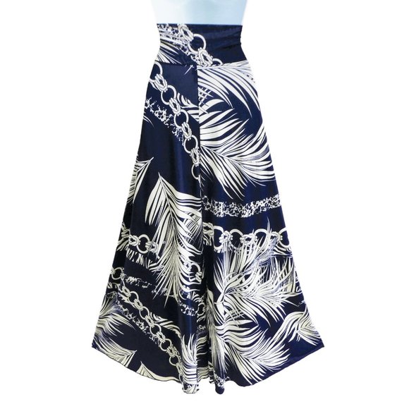 Resort Wear Navy Palazzo Pants NEW High Waist Ruched Tie Buckle Flare White L - Picture 4 of 11